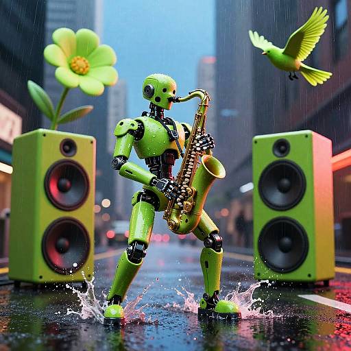 CGI image of a neon green robot playing saxophone in a rainy city street, flanked by giant flower and bird speakers.