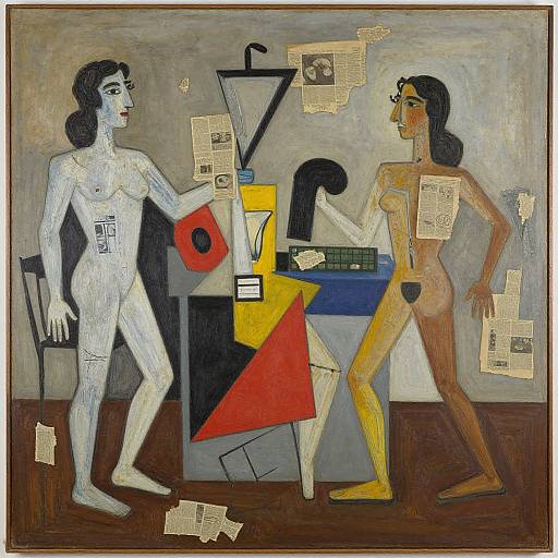 Cubist painting of two nude women, one white, one brown, surrounded by abstract shapes and scattered newspaper clippings, standing in a clutter
