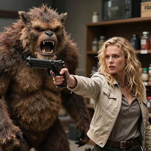 Blonde Woman Faces Snarling Creature