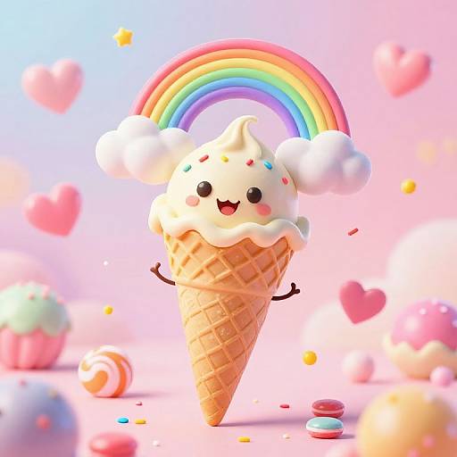 Cute CGI cartoon ice cream cone with a smiling face, rainbow, and hearts in a colorful, pastel background. Whimsical, playful,