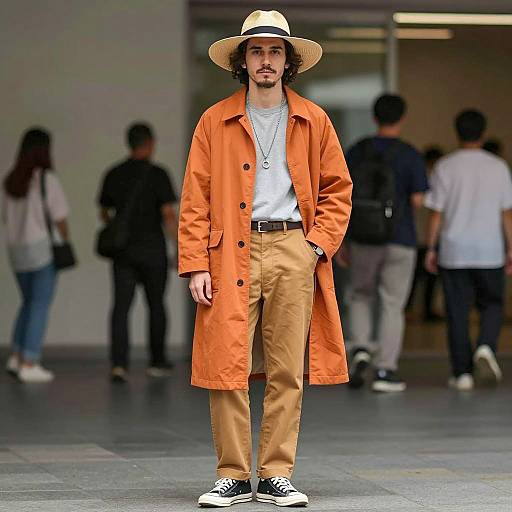 Stylish man in orange coat and straw hat standing indoors