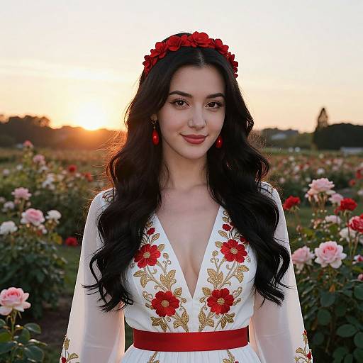 Photograph of a fair-skinned woman with long black hair, red flower headband, and white floral dress with red flowers and red belt, standing