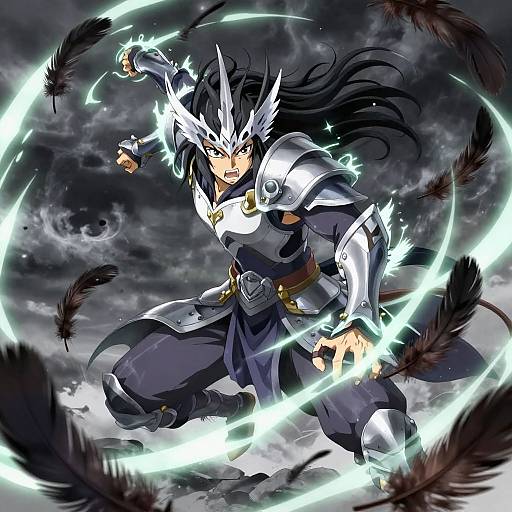 Anime-style digital illustration of a fierce, black-haired warrior in silver armor, wielding glowing electricity while surrounded by black feathers. Dark, stormy sky background