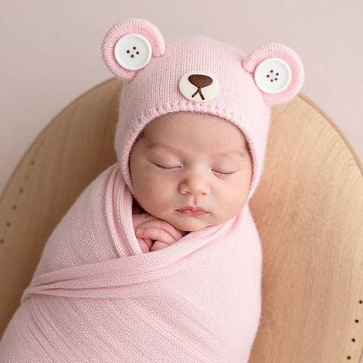 Photograph of a sleeping newborn baby with closed eyes, wrapped in pink knit swaddle, wearing pink bear hat with white buttons.