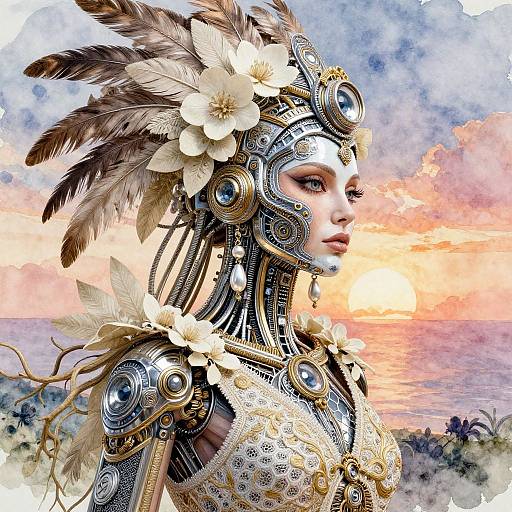 Biomechanical Aztec Cyborg in Haute Couture