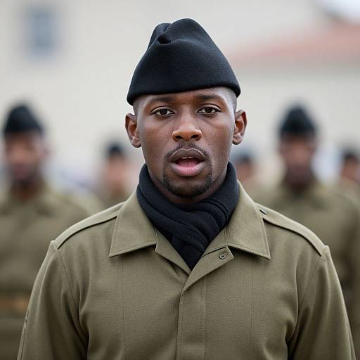 Photograph of a serious-looking Black man in a black beret and olive green military uniform, with blurred soldiers in the background.