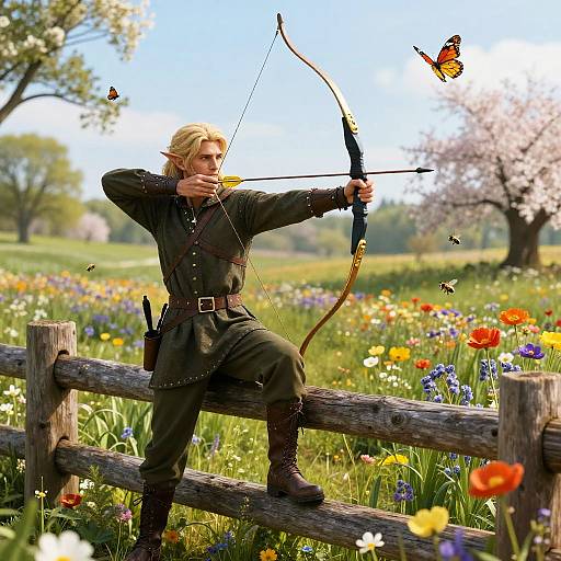 Elven Ranger Aiming Bow in Spring Meadow
