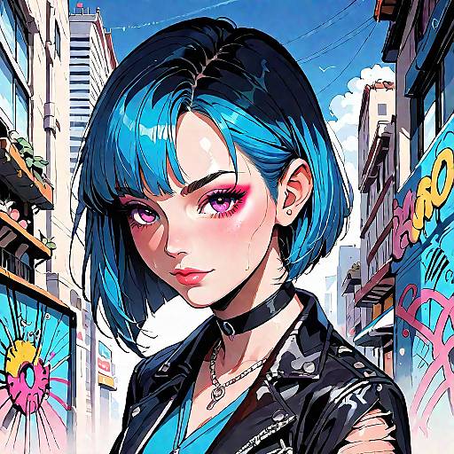 Anime Girl with Blue Hair in Urban Street
