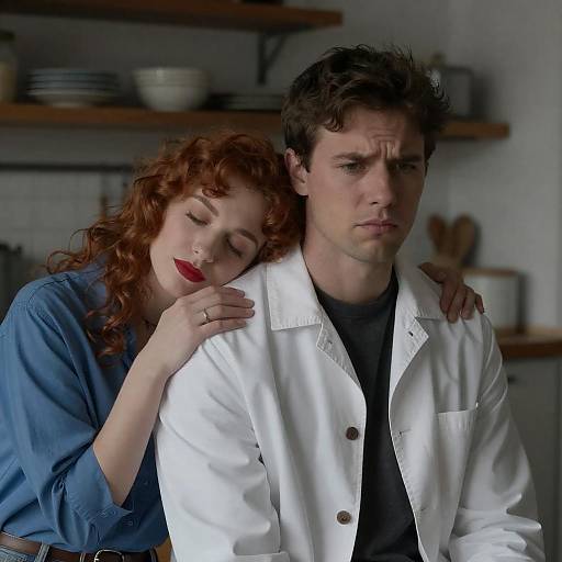 Woman Comforting Concerned Man in Kitchen