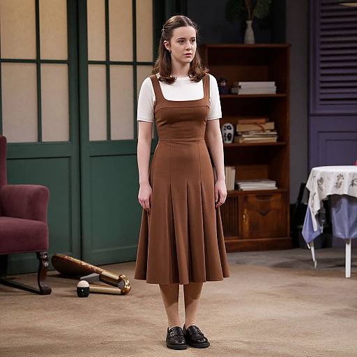 Photograph of a young woman with fair skin and brown hair, wearing a brown dress over a white shirt, black shoes, standing in a room with