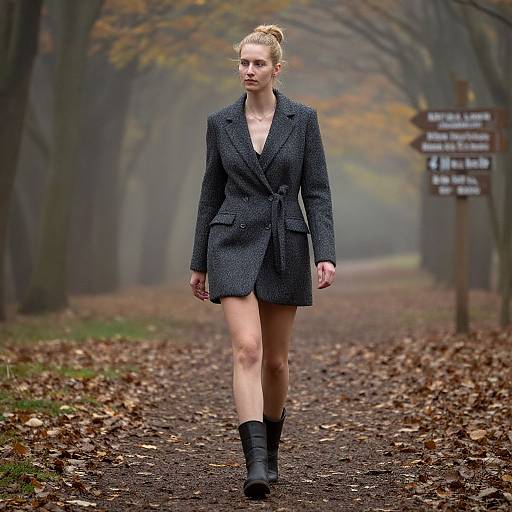 Photograph of a confident blonde woman in a dark grey blazer and black boots, walking on a foggy, leaf-covered forest path with directional signs
