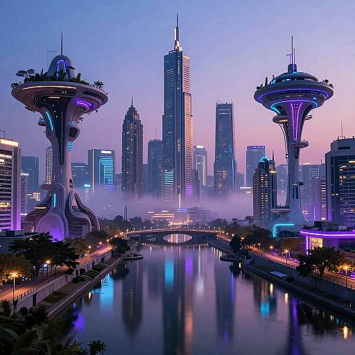 Digital illustration of a futuristic cityscape at dusk, featuring glowing skyscrapers, illuminated waterway, and two unique, floating, dome-shaped structures.
