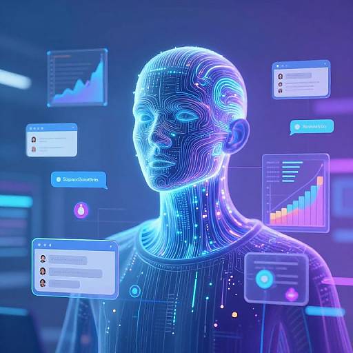 Neon-lit, futuristic CGI of a wireframe human head with glowing blue lines, surrounded by floating digital graphs and charts.