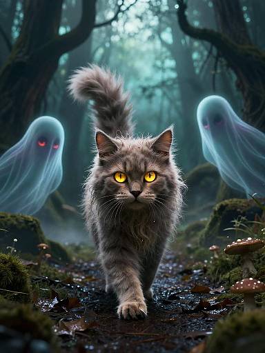 Spooky Stylized Cat in Haunted Forest