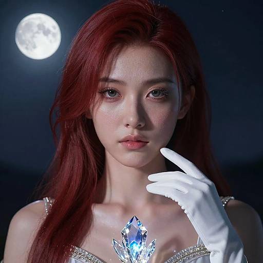 Photorealistic digital artwork of a fair-skinned, red-haired woman with glowing blue crystal pendant, wearing white gloves, against a dark night sky with