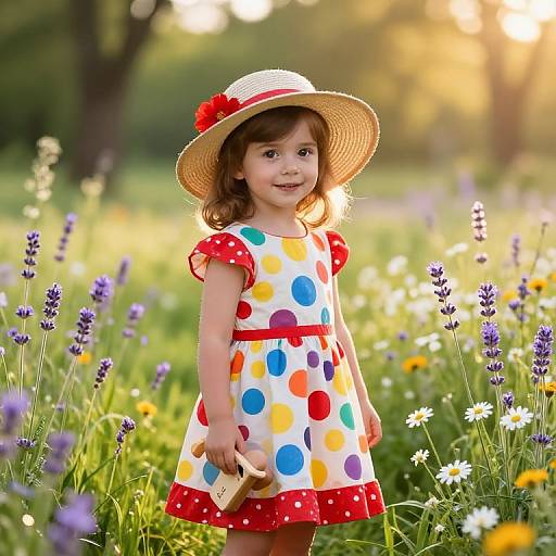 Photograph of a smiling young girl in a polka-dot dress, red polka-dot trim, and straw hat with red flower, standing in a