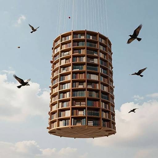 Photograph of a cylindrical, wooden, multi-story building suspended by ropes, surrounded by flying birds against a blue sky with clouds.