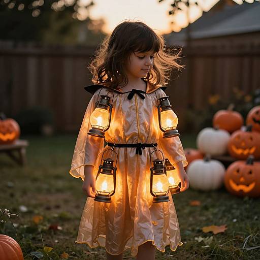 Photograph of a young girl with wavy brown hair in a glowing, lantern-lit, translucent yellow dress, standing in a twilight garden with carved