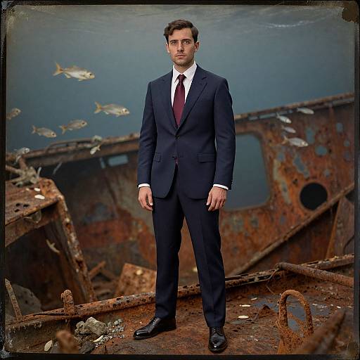 Photograph of a handsome man in a navy suit, white shirt, and red tie, standing on a rusty, underwater shipwreck with fish swimming