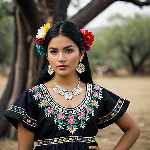 Vibrant Mexican Fashion with Floral Accents