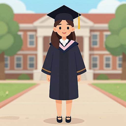 Digital drawing of an Asian girl in a navy graduation gown and cap, standing on a pathway in front of a blurred red-brick school building with green