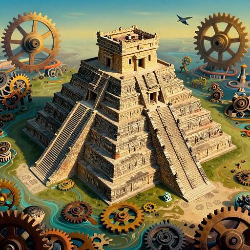 Digital artwork of a massive, ancient pyramid with intricate staircases, surrounded by large, colorful gears, set against a bright, blue sky.
