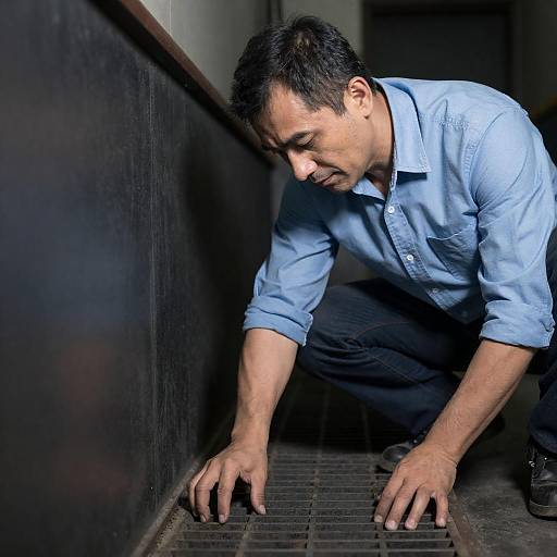 Man Inspecting Industrial Metal Grate