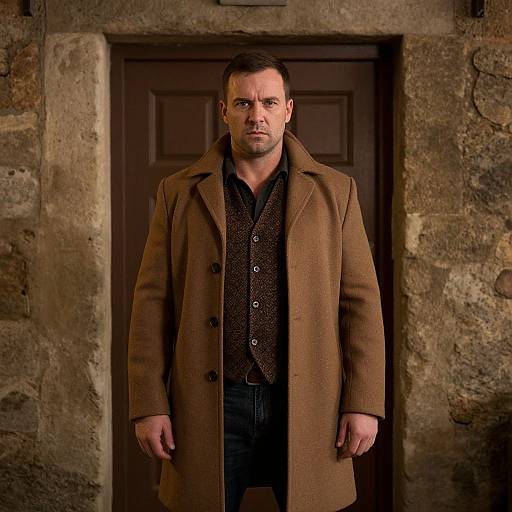 Photograph of a serious, muscular man with short brown hair, wearing a brown wool coat over a black polka-dot shirt, standing in front of