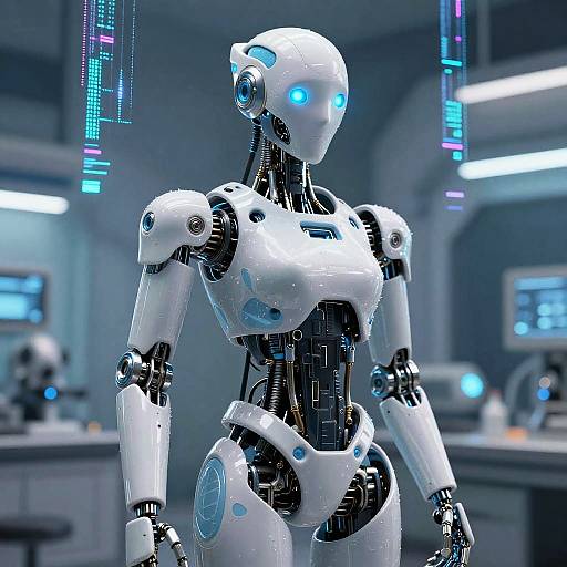 Photorealistic CGI of a sleek, white female humanoid robot with glowing blue eyes and joints, standing in a futuristic lab with neon lights and blurred scientific