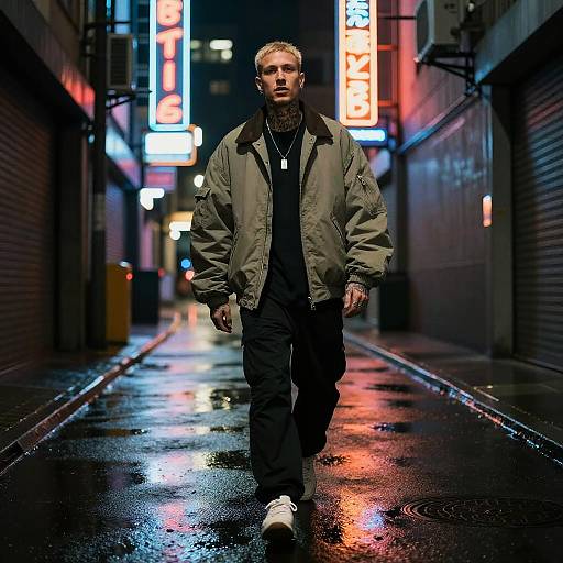 Photograph of a serious, blonde man with tattoos, wearing a green jacket, black shirt, and pants, walking down a neon-lit, wet