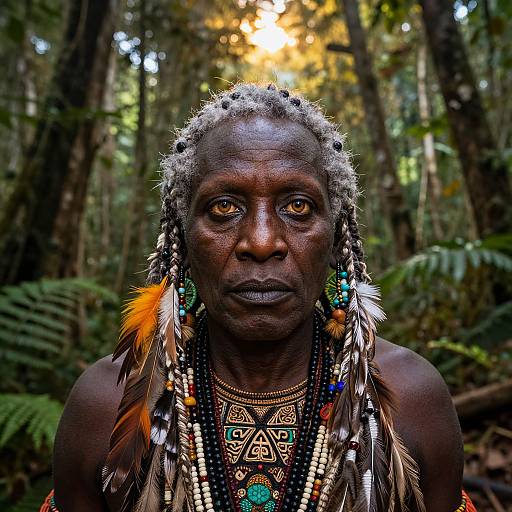 Photograph of a dark-skinned Indigenous man with braided hair, adorned in colorful feather and bead jewelry, standing in a sunlit forest.