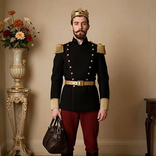 Photograph of a bearded man in a black military uniform with gold epaulettes, red pants, gold belt, holding a bag, wearing