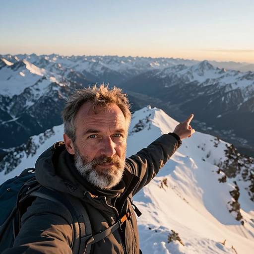 Photograph of a bearded middle-aged man with gray hair, wearing a black jacket, pointing at snowy mountain peaks at sunrise.