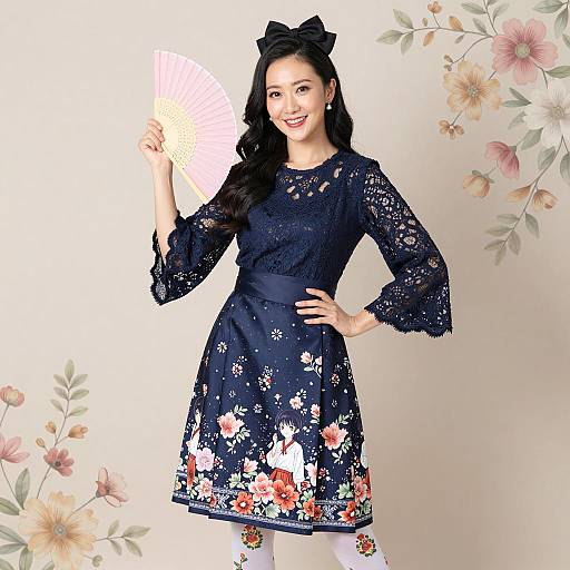 Asian Woman in Navy Lace Dress with Pink Fan