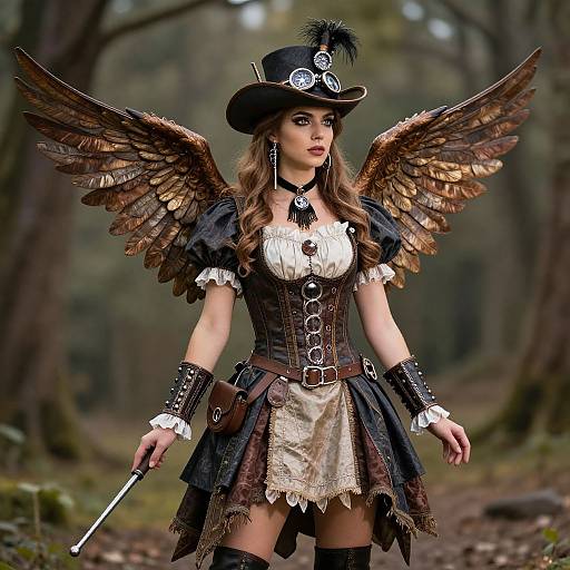 Photograph of a fantasy-themed woman with brown wings, black corset, white lace, top hat, forest background, holding a pipe. Steamp