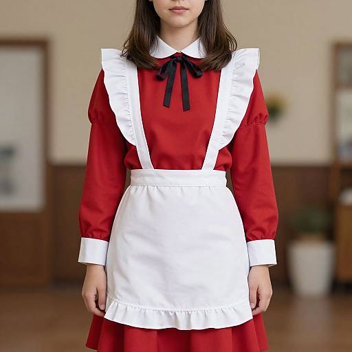 Photograph of a young woman with straight brown hair, wearing a red dress with white apron and black ribbon, standing in a softly lit room with