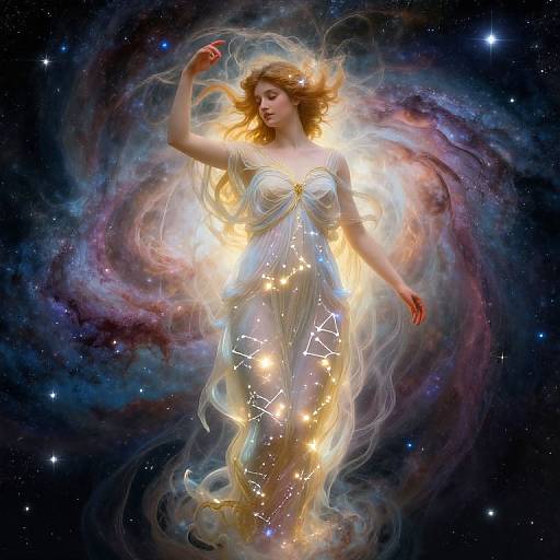 Digital art of a ethereal woman with glowing dress, surrounded by cosmic swirls and stars, floating in outer space.