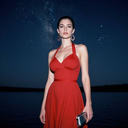 Elegant Woman at Lakeside Stargazing