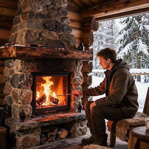 Cozy Fireplace in Rustic Snowy Cabin