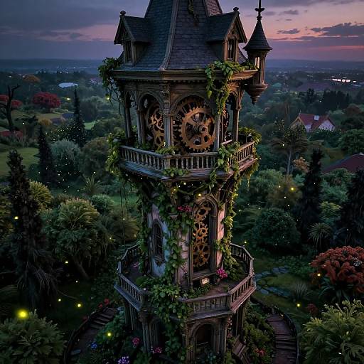 Fantastical, Gothic-style clock tower with ivy, illuminated gears, and lanterns, surrounded by dark, enchanted forest at twilight. Digital artwork