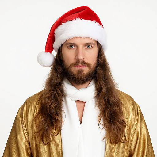 Photograph of a bearded man with long brown hair, wearing a red Santa hat, white scarf, and gold robe, against a white background.