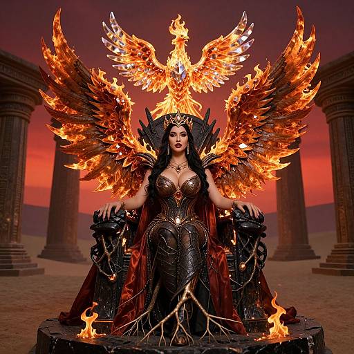 Digital art of a fiery-winged woman in a black, ornate gown, seated on a throne surrounded by flames, with columns in the background.