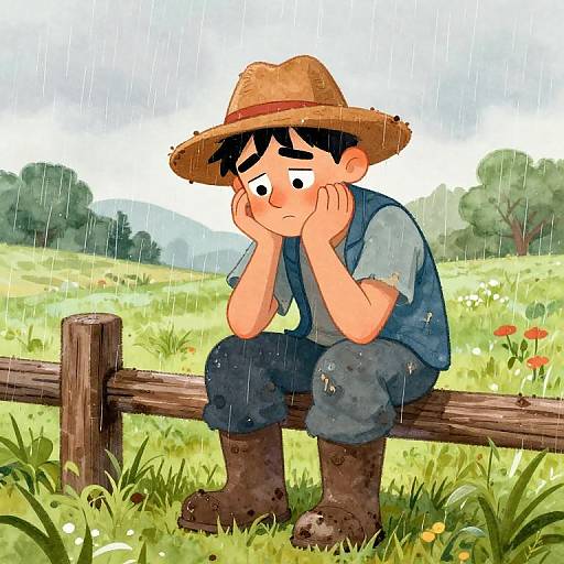 Melancholic Farmer Cartoon in Rain