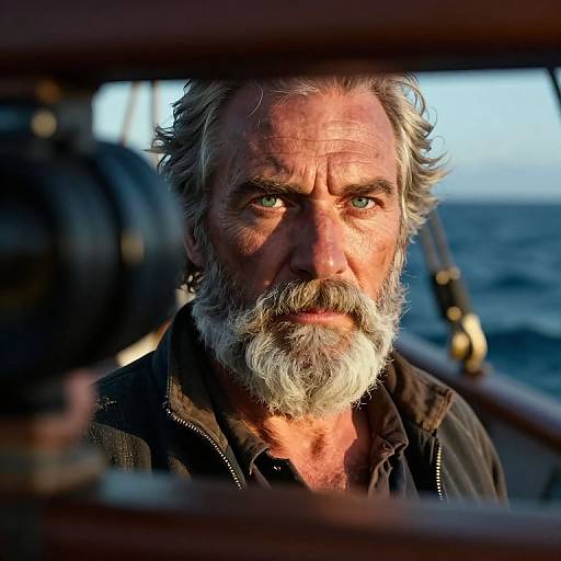 Photograph of an intense, weathered, gray-bearded man with piercing green eyes, wearing a dark jacket, seen through a ship's window,