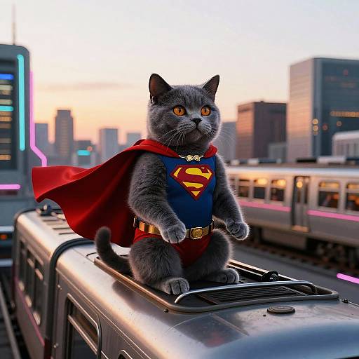 Gray Cat Superhero in Neon City