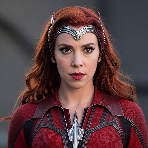 Photograph of a red-haired woman with fair skin, wearing a red and black superhero costume with a metallic headband, looking determined. Background is blurred