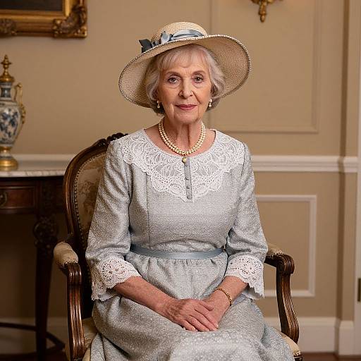 Photograph of an elderly woman with short grey hair, wearing a light blue lace dress, pearl necklace, and wide-brimmed hat, seated in