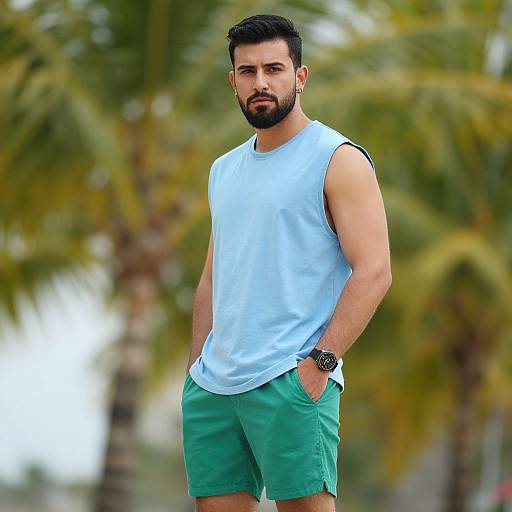 Photograph of a muscular, bearded man with short black hair, wearing a white sleeveless shirt and green shorts, standing outdoors with palm trees in