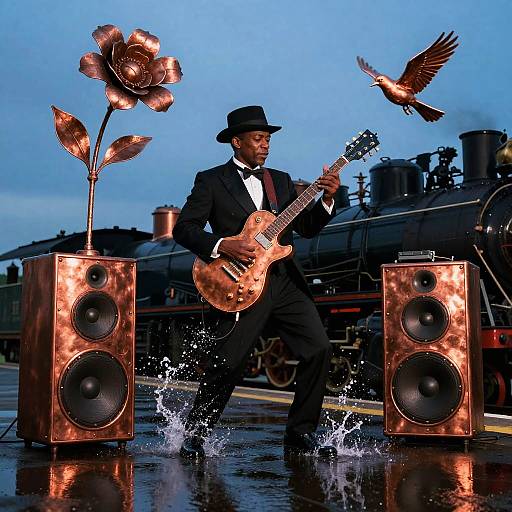 Photograph of a black-suited man with hat playing guitar between two copper flower speakers, splashing water, with a bird mid-flight, steam locom