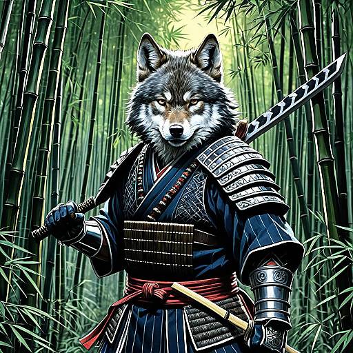Wolf Samurai in Bamboo Forest